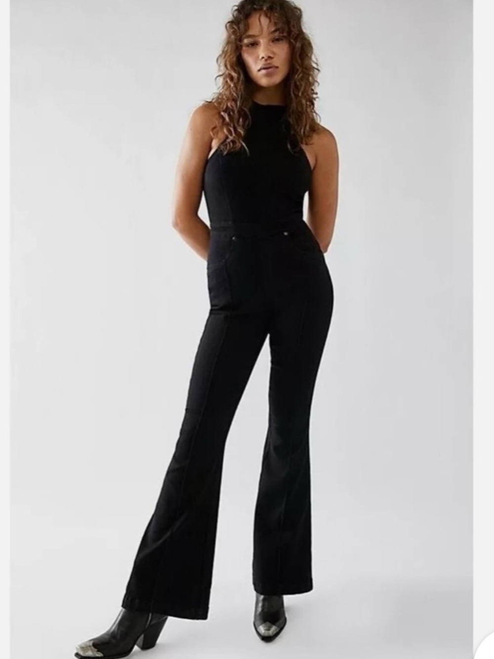 Free People Crvy Sydney Jumpsuit in black stretch denim. Size 8